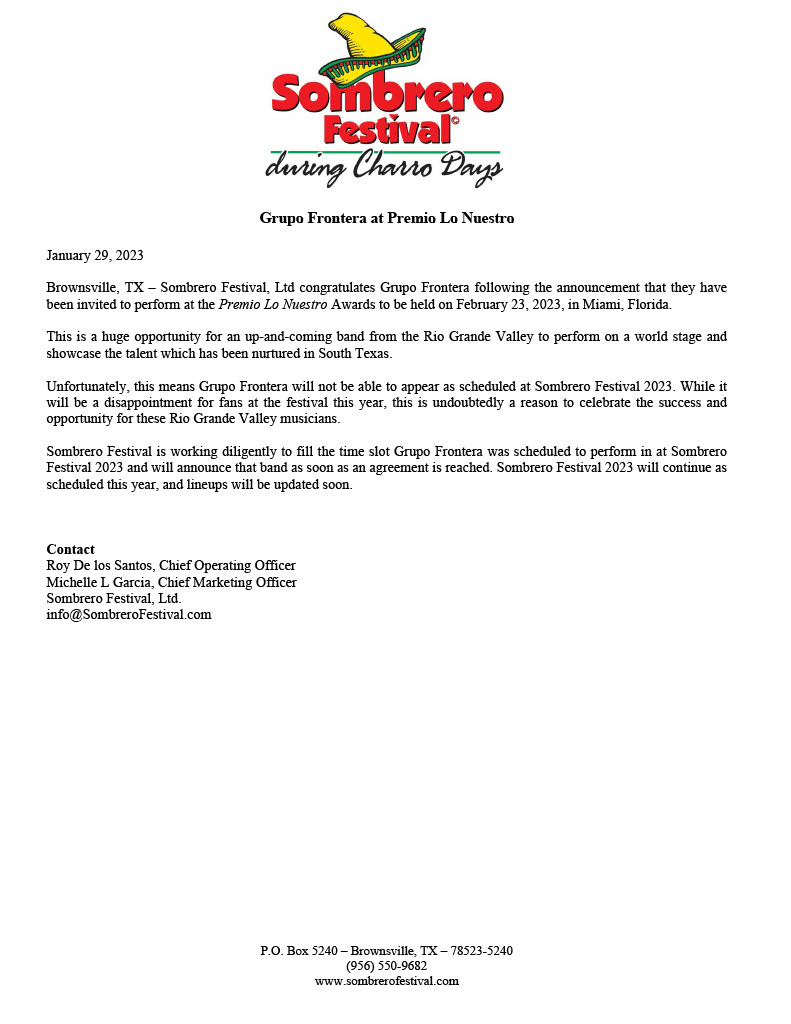 ** FOR IMMEDIATE RELEASE **
Sombrero Festival Ltd
SombreroFestival.com

Info@SombreroFestival.com
#SombreroFestival2023 #SF2023