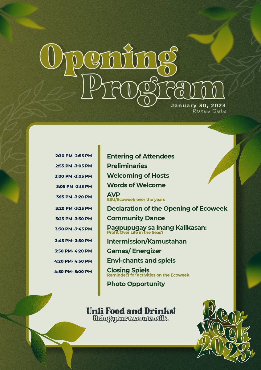 EcoteneoSAMAHAN's tweet photo. ๐๐ง๐ง๐ก: ๐๐๐๐๐๐๐ 2023 ๐๐๐๐๐๐๐
Take note of the event details as we jumpstart the week-long celebration of Ateneoโs biggest environmental festivities, #๐๐๐ข๐ช๐๐๐2023. ๐
See you there!
#Emovement #KinaiyahanKinabuhi #GugmaSaPamana
#TodayIsTheFuture๐ https://t.co/GBOiVIemDj