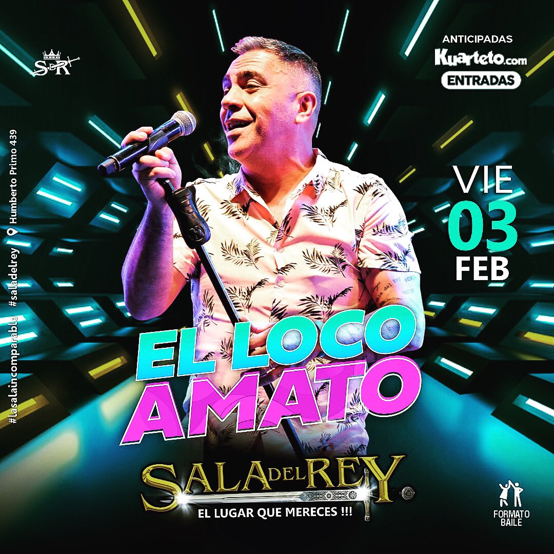 saladelrey's tweet photo. ✏️AGENDALO 👇
🎤LOCO AMATO 📅Viernes 03/02📍Sala del Rey
🎟 Sorteamos 3 entradas dobles ¿Participás?
✨Déjanos tus datos, etiquetá a dos amigos y dale RT
(Si no seguís a @saladelrey no podremos contactarte por tu premio) @cristianamato https://t.co/NCkFdZmbE4