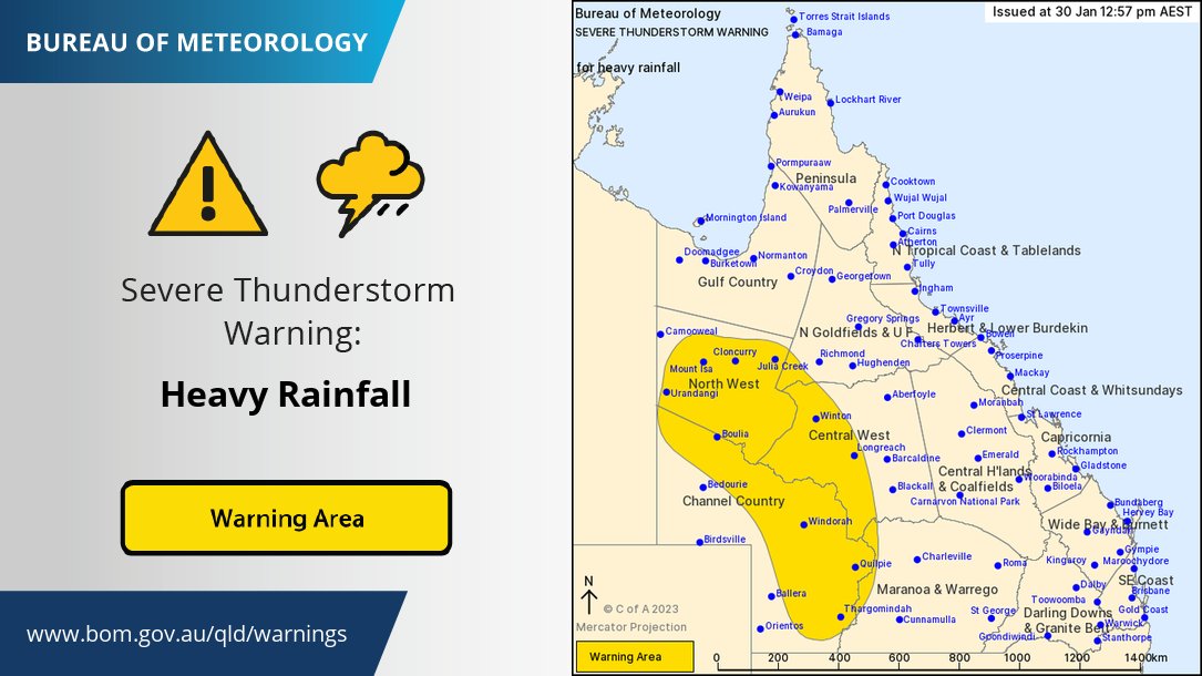 BOM_Qld's tweet photo. Severe thunderstorms warning current in #Channel_Country #North_West and #Central_West, incl #Longreach #Mount_Isa. Risk of heavy rainfall and flash flooding. See https://t.co/Xj5aIj7G0f for warning. https://t.co/mMjX1U4Ua5