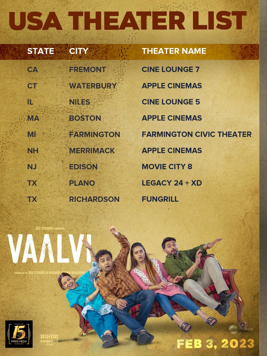 #Vaalvi - 3 Feb - USA theatre listings out ...
More to be added up soon !!
Stars @swwapniljoshi #AnitaDate #SubodhBhave #ShivaniSurve , directed by #PareshMokashi....