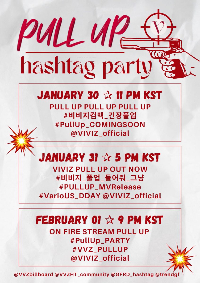 𝙿𝚄𝙻𝙻 𝚄𝙿 𝚂𝙲𝙷𝙴𝙳𝚄𝙻𝙴 𝙷𝙰𝚂𝙷𝚃𝙰𝙶

Here's the hashtag schedule for the 3rd Mini Album <a href="/VIVIZ_official/">VIVIZ</a> #VarioUS which we will use later, be prepared for that, let's increase the popularity of #VIVIZ  

ON FIRE for the success of #PULLUP and give viviz lots of wins. 🔥