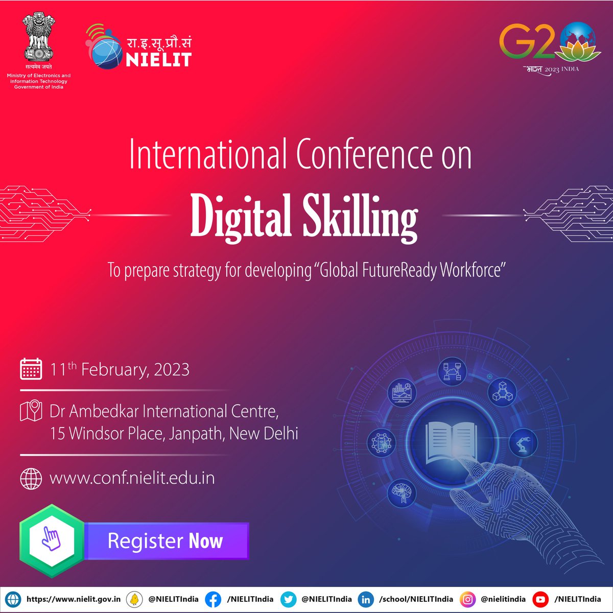 #NIELIT is organizing an “International Conference on #DigitalSkilling” with an aim to prepare strategy for developing Global Future-Ready Workforce in Electronics & IT on Feb. 11, 2023 in New Delhi. To Register : conf.nielit.edu.in #ICDS #NICEDT #G20India #G20IndiaDEWG