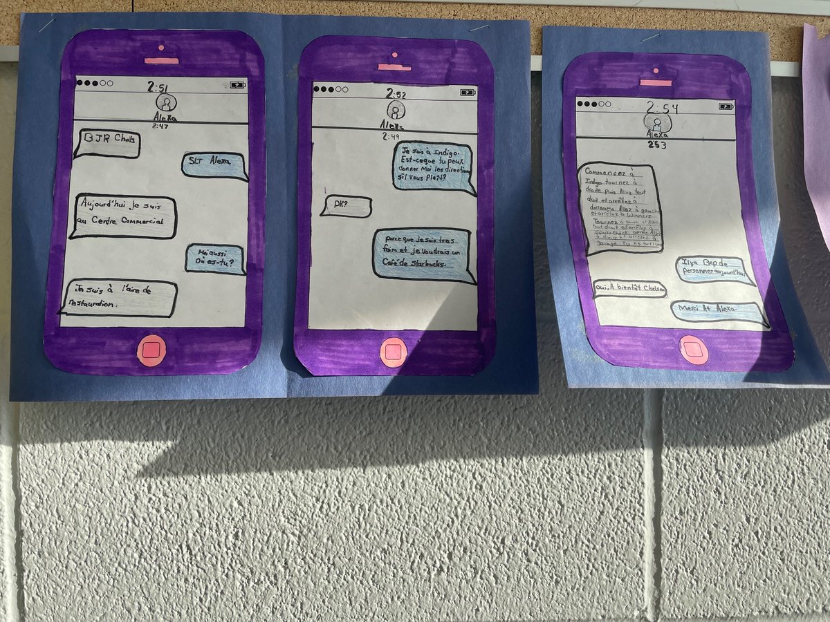 Mme_LePage's tweet photo. Grade 7 students used their learning from «On se débrouille» to follow a model and write a text message with directions to a location in the mall. Très bien! https://t.co/w7jLcjzIQy