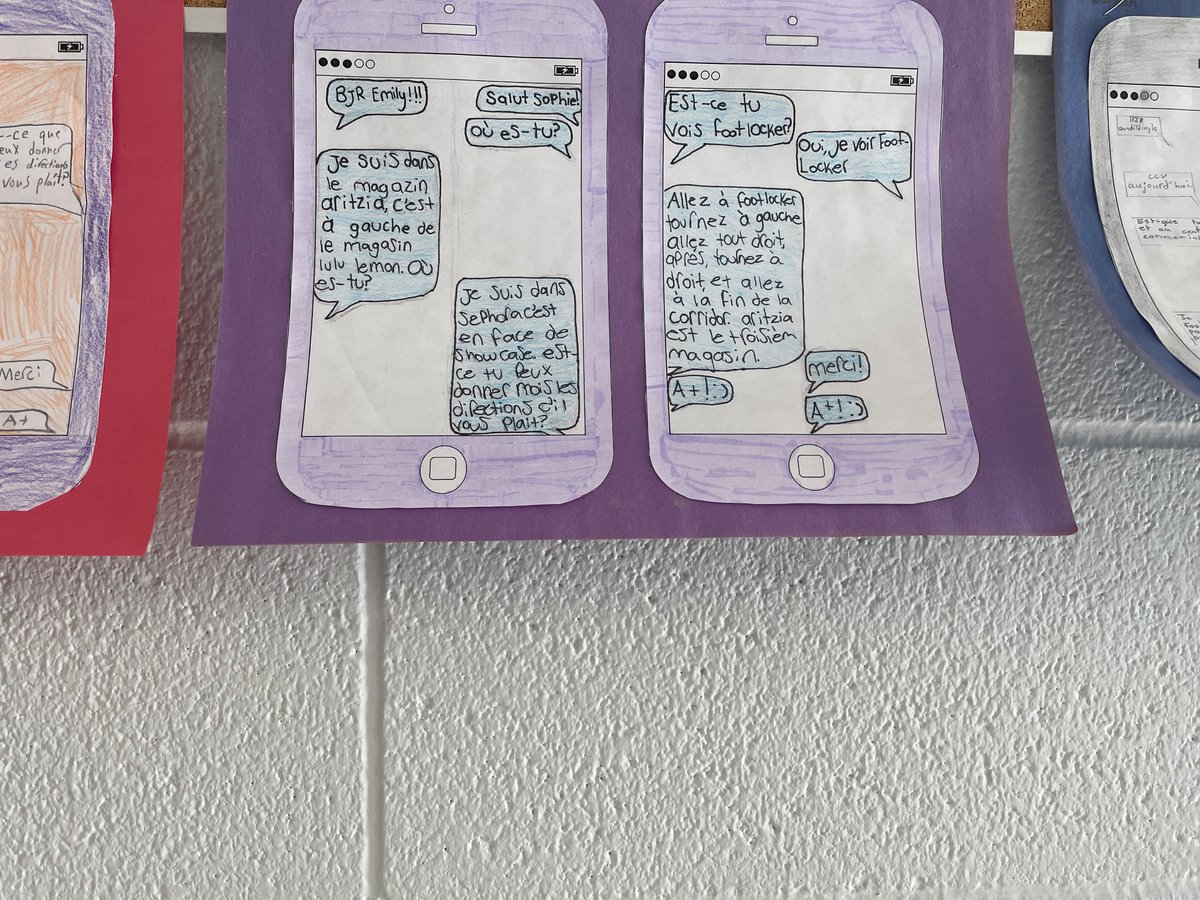Mme_LePage's tweet photo. Grade 7 students used their learning from «On se débrouille» to follow a model and write a text message with directions to a location in the mall. Très bien! https://t.co/w7jLcjzIQy