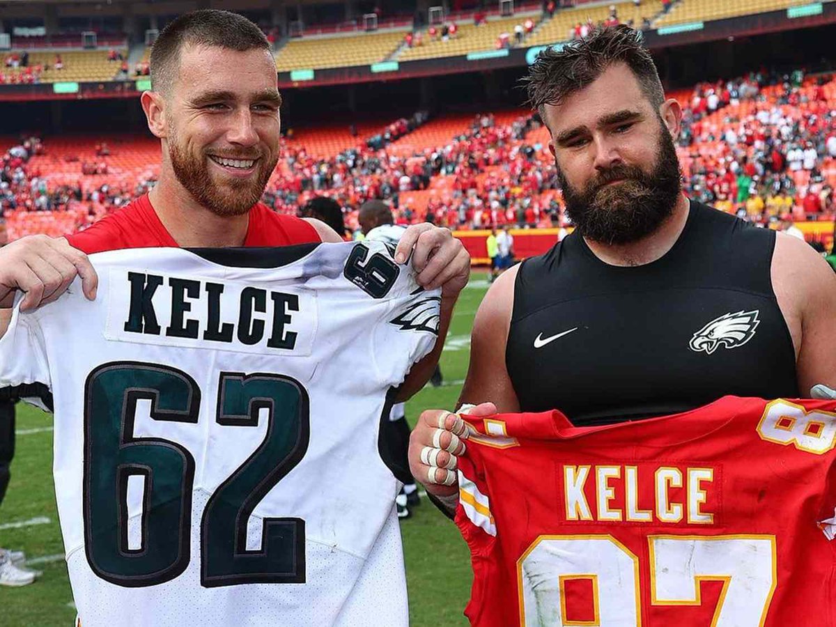 MediaChad's tweet photo. Travis Kelce and Jason Kelce are the first brothers to ever play in a Suber Bowl. https://t.co/B96xsk1s0T