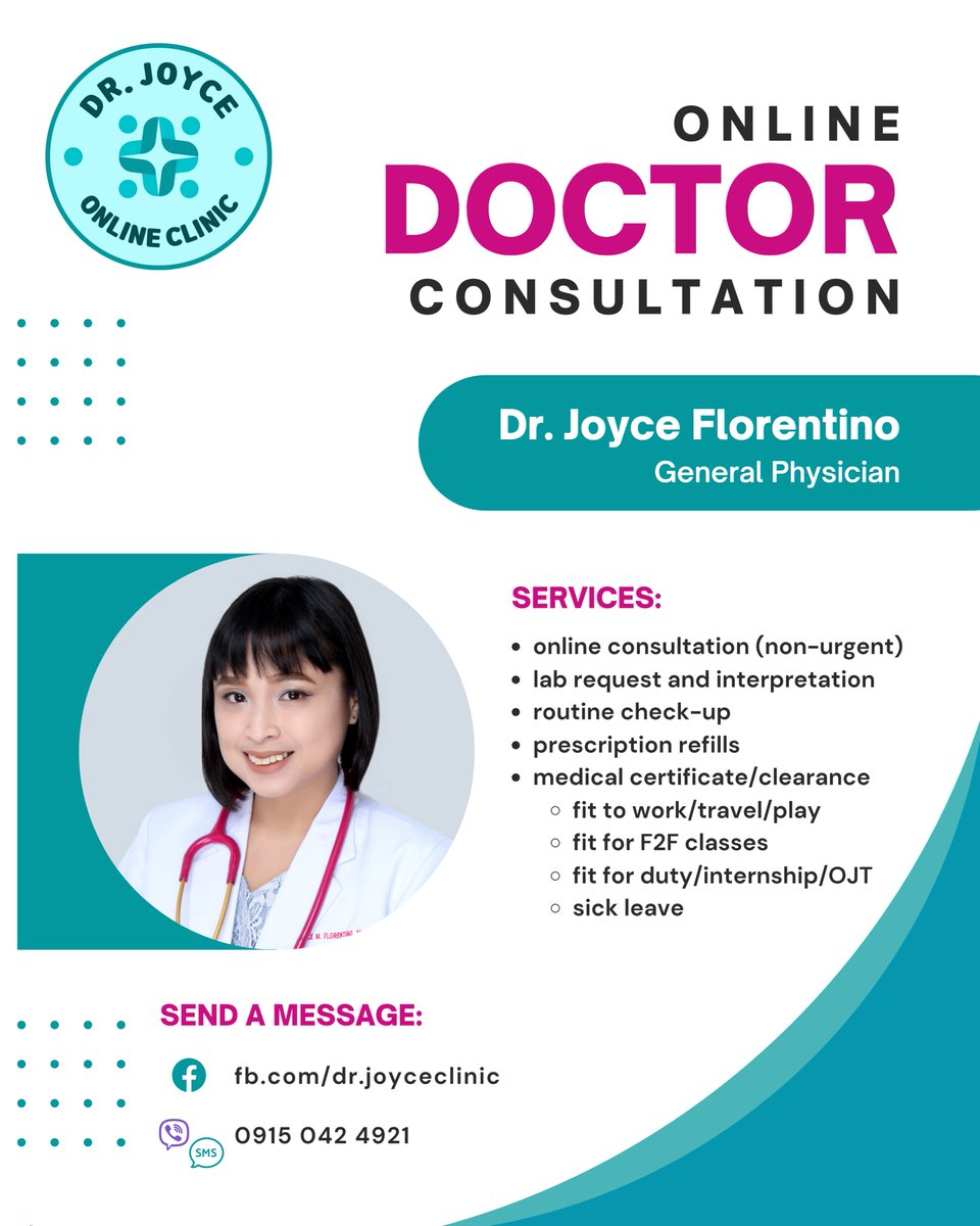 Online consultation with medical certificate for PHP 350. DM to consult.

#onlineclinic #onlineconsult #telemedicine #telemed #teleconsult #teleconsultation #medcert #medicalcertificate #onlinedoctor #doctor #physician #medicalclearance #sickleave #fittowork #ftw