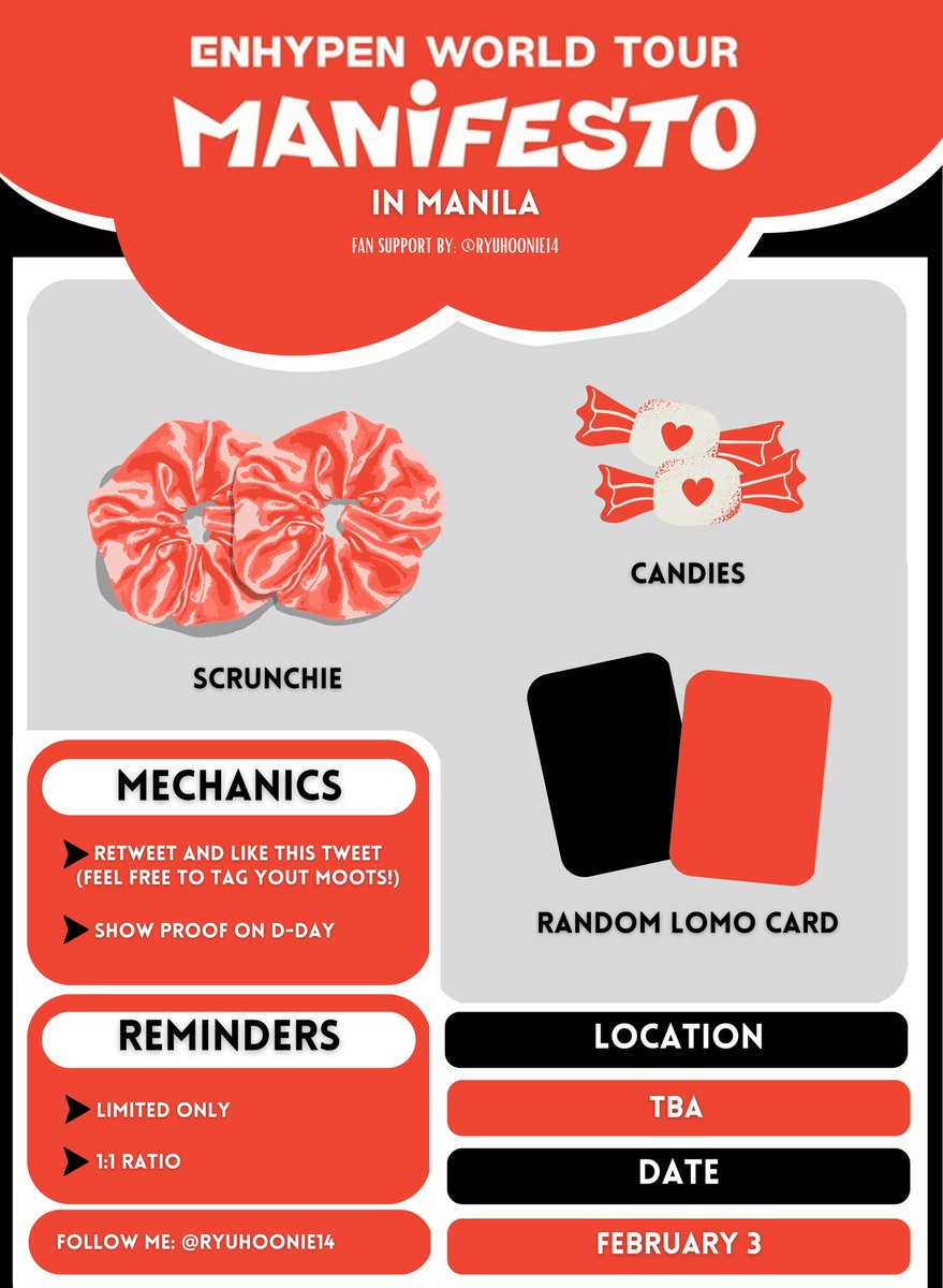 ryuhoonie14's tweet photo. #MANIFESTO_IN_MANILA FREEBIES! TO ALL FILO ENGENES!! arat meet tayu! Mamimigay lang si ate Ryu ng little gift for you from #ScrunchieBoutique

Open for FEB 3 Team Labas and Team Concert to! 😍

See you there guys! 
Thanks sa layout czarity! https://t.co/zDAAbJ1vsY