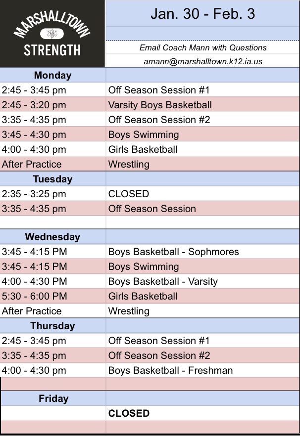 This weeks weight room schedule.