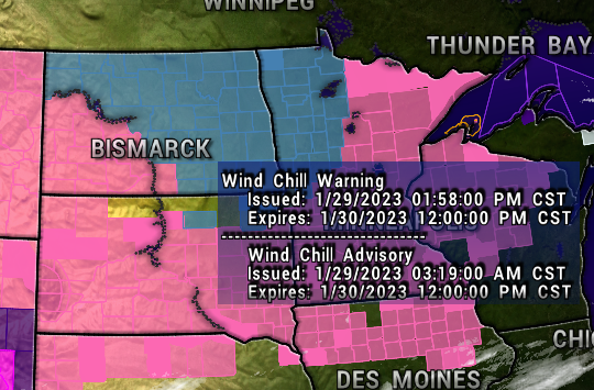 Not much going on other than the Cold and Dangerous Wind Chills so no need for a video tonight. The Wind Chill Warning in blue can possibly see Wind Chills as low as -45F which can cause frostbite in as little as 10 minutes. Temperatures gradually warm up through the week.