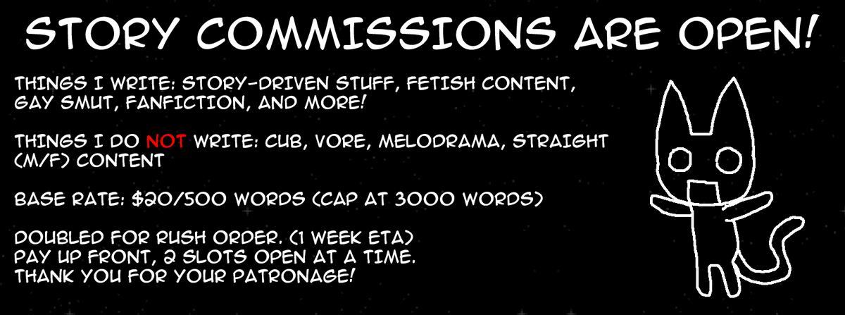 meiyagi_'s tweet photo. Hi, I am in desperate need of money. So I am doing commissions. I write stuff. NSFW/kink content included. I am also advertising on a new FA I made. If you would be interested, please DM me on Twitter or send me a note on FA. Thank you.

https://t.co/Fnrdv03eGS https://t.co/4db6h1cn3I