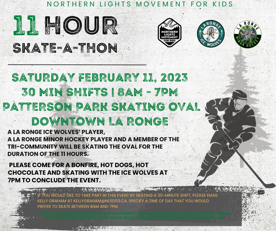 SJHL_IceWolves's tweet photo. Ice Wolves' 11 Hour Skate-A-Thon - February 11. Ice Wolves skating with minor hockey and members of the tri-community for 11 hours. Inspired by Northern Lights Movement for Kids #11for11 Email kellygraham@nlsd113.ca if you would like to participate. https://t.co/8S83MZxWKw
