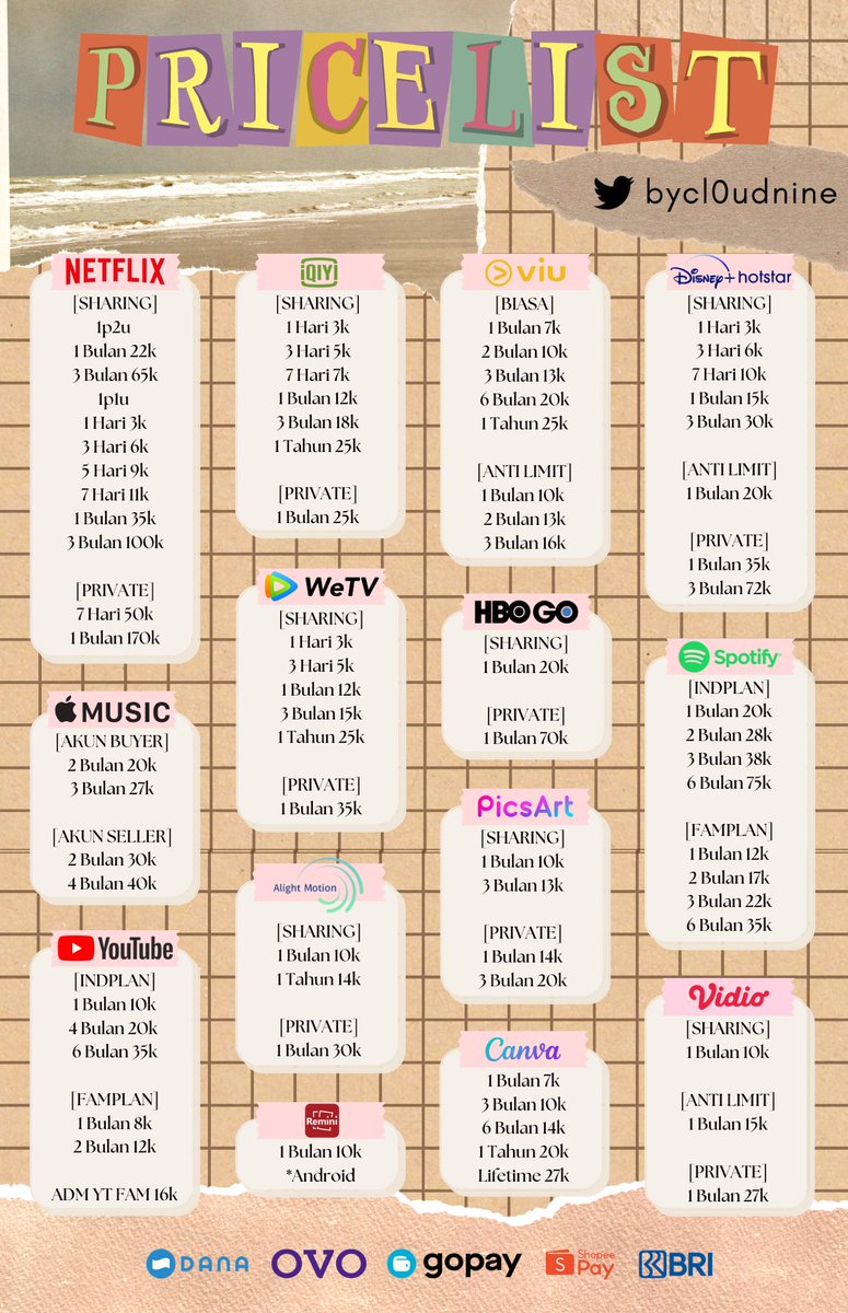 yuk yuk langganan app prem biar liburan lebih seruuu 😍
Pastinya aman dan bergaransi ✅

🛒 netflix, disney hotstar, hbo go, viu, we tv, iqiyi, vidio, youtube, spotify, apple music, canva, picsart, remini, alight motion

💳 All e-wallet, BRI
📩 wa.me/6285229799574

#zonauang