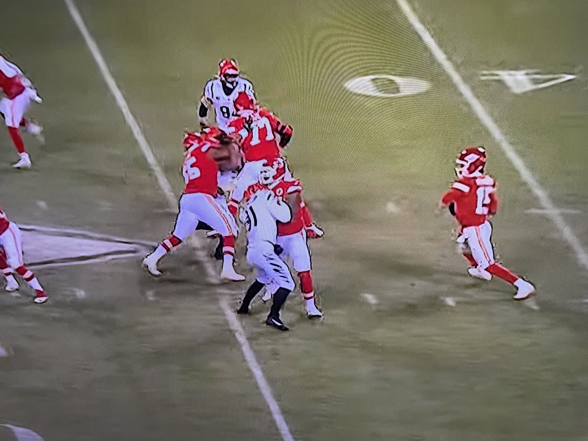 MarkEBrownstein's tweet photo. Missed hold on Mahomes run and missed block in the back on punt return. NFL rigged and I won't hear otherwise. https://t.co/Sa5T2QvqDG
