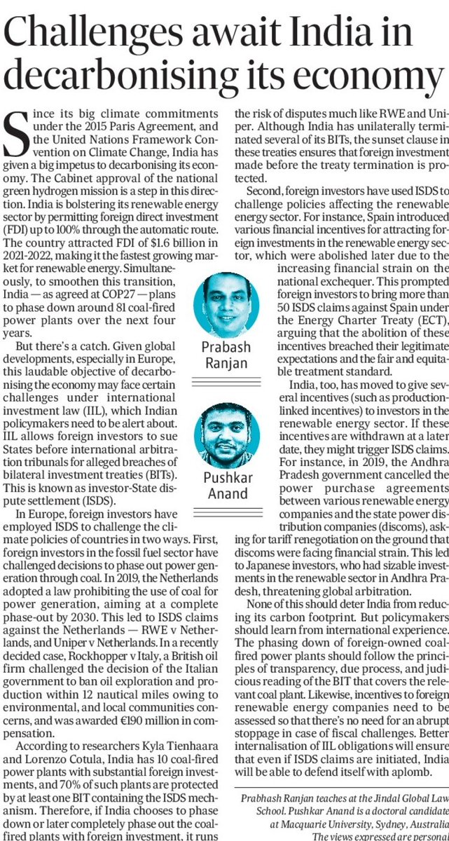 Sharing @pushkararathore and my piece in today's HT where we talk about the possibility of ISDS claims as India takes steps to decarbonise its economy. India should learn from Europe's experience.