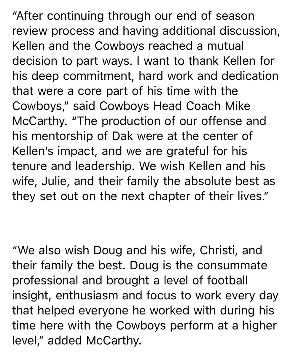jonmachota's tweet photo. Cowboys announced that they have mutually agreed to part ways with OC Kellen Moore. The team also announced that QB coach Doug Nussmeier will also not return to the team https://t.co/XcpdCIfbu4