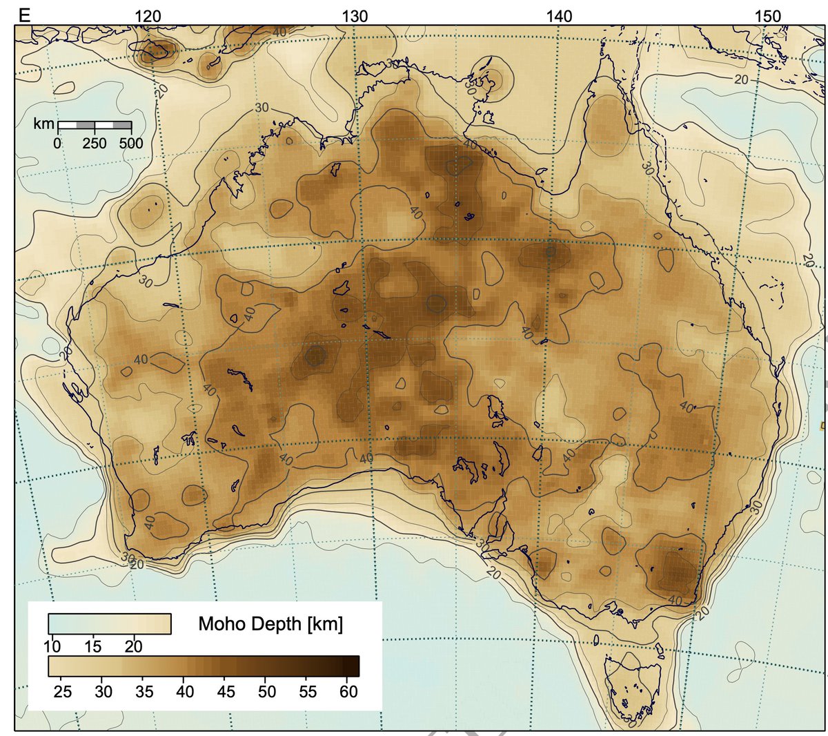 SeismoCaro's tweet photo. 2023 Moho map for Australia has dropped! Project led by Brian Kennett/ANU integrates new constraints on continental crust thickness from recent seismic deployments across Aus. "Refining the Moho across the Australian continent" https://t.co/Ew3oF8eiQ9 https://t.co/DW8GMyhTlN