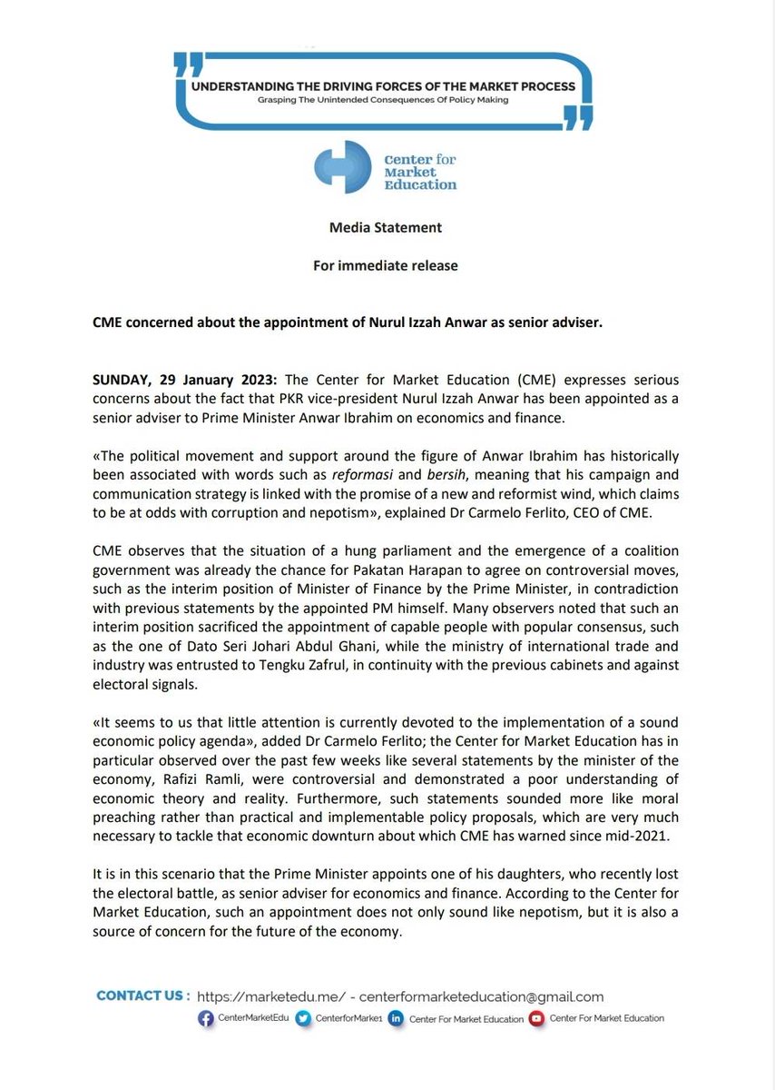 NewsBFM's tweet photo. 1.  Nurul Izzah's appointment as senior adviser to PM Anwar Ibrahim on economics and finance, is concerning, says the Center for Market Education (CME). 

"Such an appointment does not only sound like nepotism, but it is also a source of concern for the future of the economy." https://t.co/uNxJA2HQMB