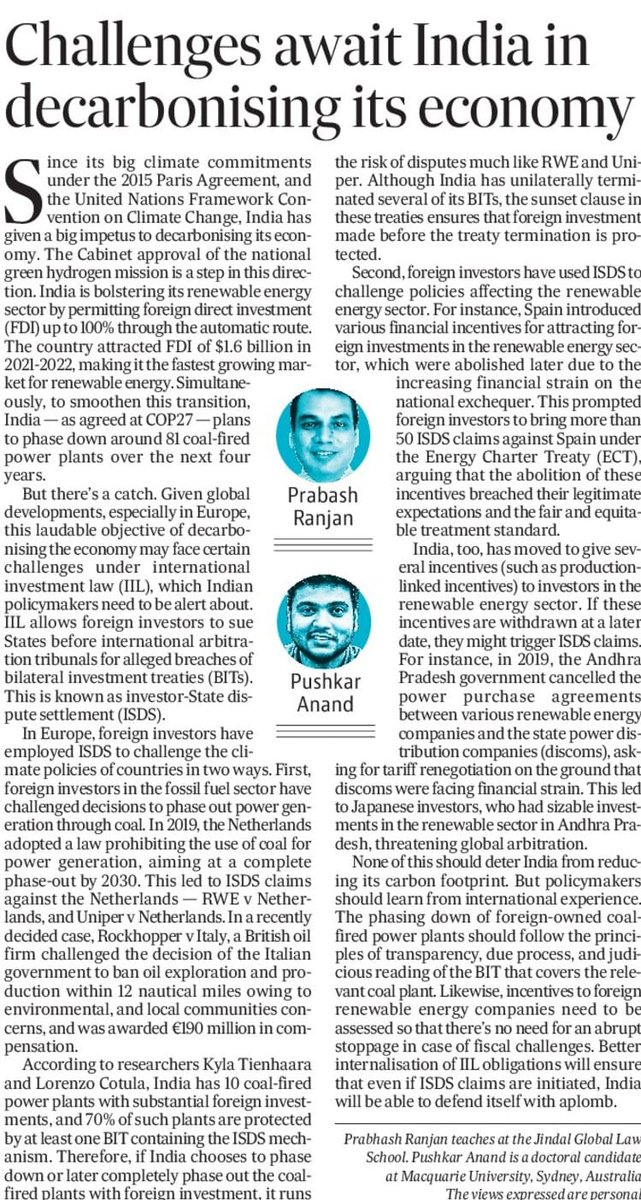 Sharing a piece in @htTweets written with @pranjan12781 discussing possibility of fossil-fuel ISDS claims, as India gears towards a decarbonizing it's economy.