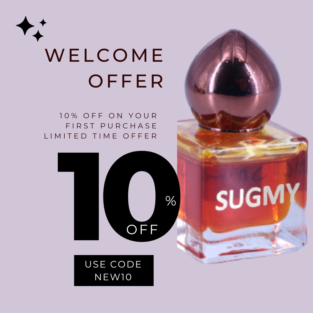 Here's 10% off coupon for our new members. Follow us for more such offers. Use code New10 at checkout. Enjoy the sensual fragrances from Sugmys.
#Mitti #mittiattar #perfume #alcoholfreeperfume
#veganproducts #organicperfume #veganperfume
#Kannauj #kannaujperfume #sugmy