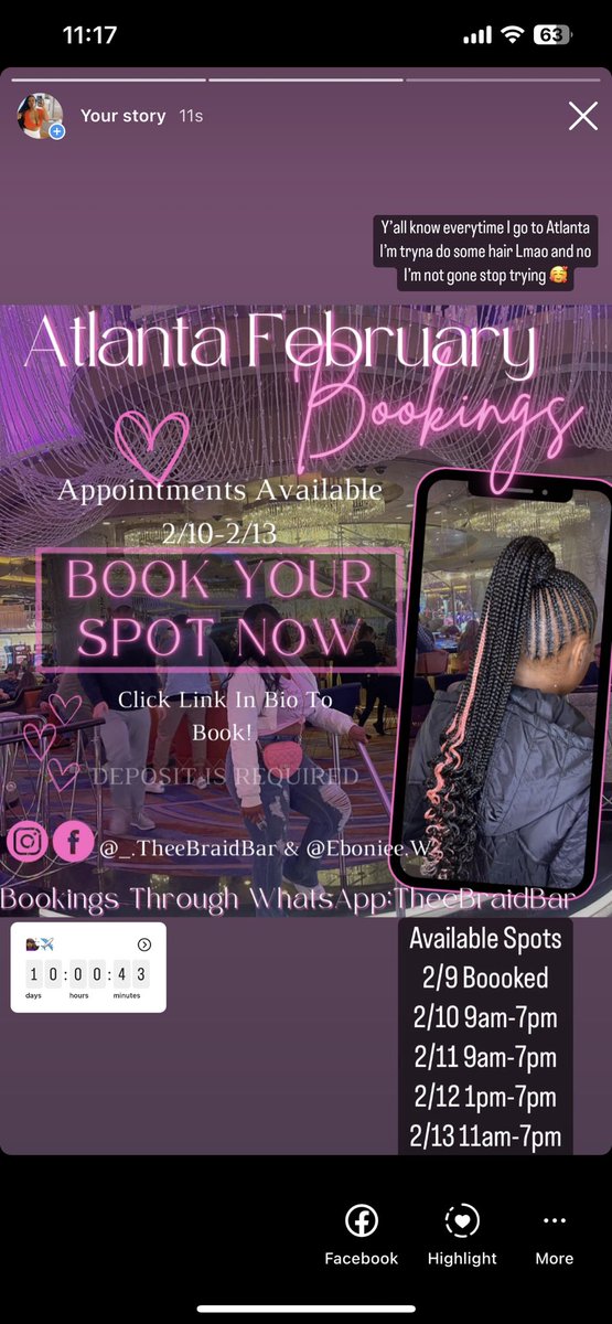 _xebonie's tweet photo. Hello To All My Atlanta Followers 👋🏽
If your looking for a reasonable priced braider I will be in town and taking appointments 2/10-2/13📅
Follow me on Ig @_.Theebraidbar to see my work and to book an appointment 🫶🏽
#Atlanta #atlantabraids #braids https://t.co/lfQcBSXuZO
