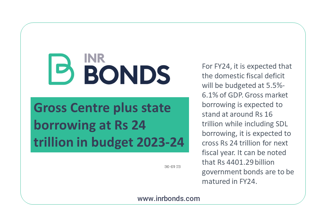 INRBONDS's tweet photo. Gross Centre plus state borrowing at Rs 24 trillion in budget 2023-24-Weekly Fixed Income Analysis
https://t.co/KD0r0edBOm
@arjunparthasara
#marketborrowing #sdl #bonds #yield #unionbudget #rbi https://t.co/4qJlnrrxU4