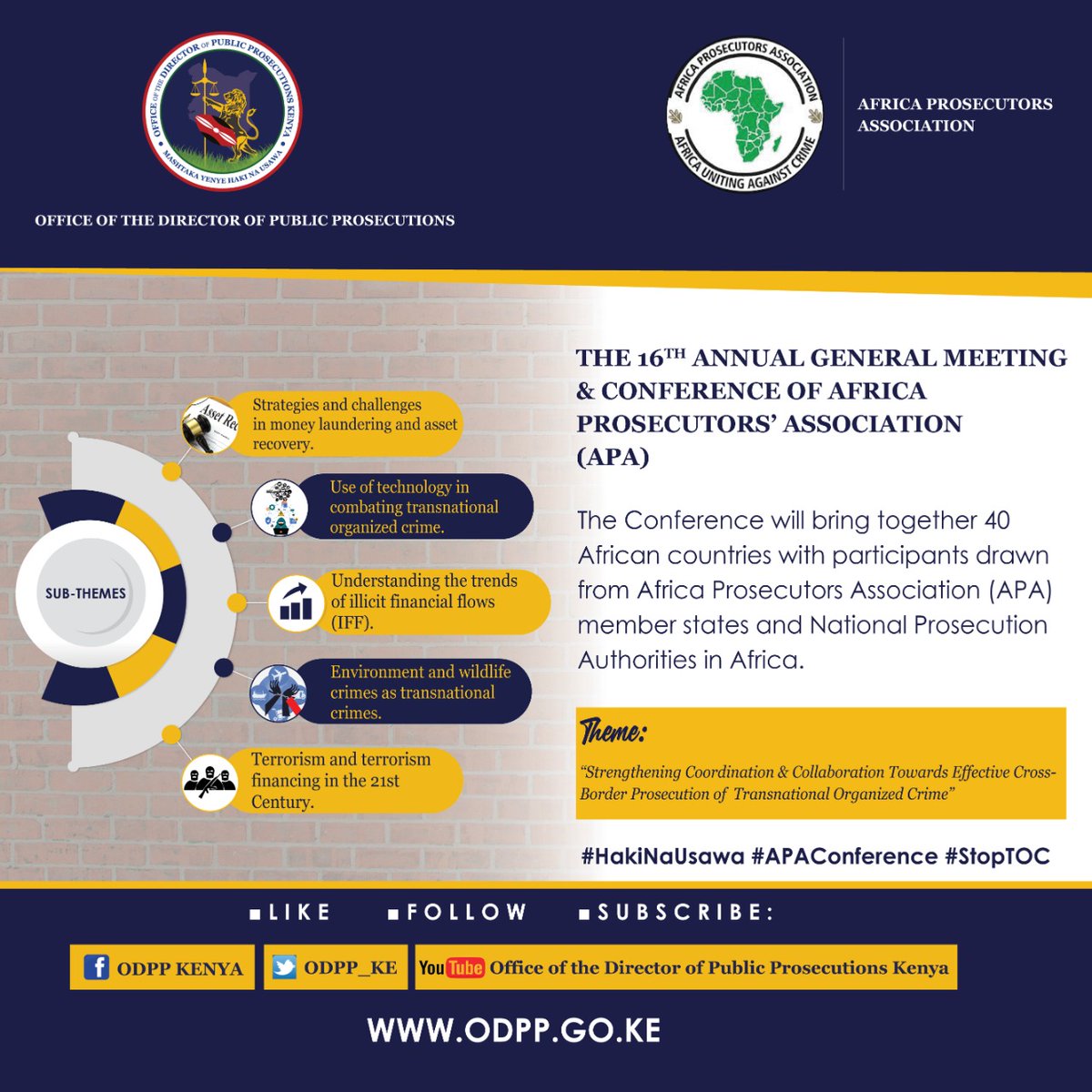ODPP_KE's tweet photo. D-Day: The APA Conference is here! Over 300 delegates from 40 African countries are gathering to share best practices in prosecuting transnational organised crimes in Africa. #HakiNaUsawa #APAConference #StopTOC @ApaAfrican @UNOPS https://t.co/eiTapbCS13