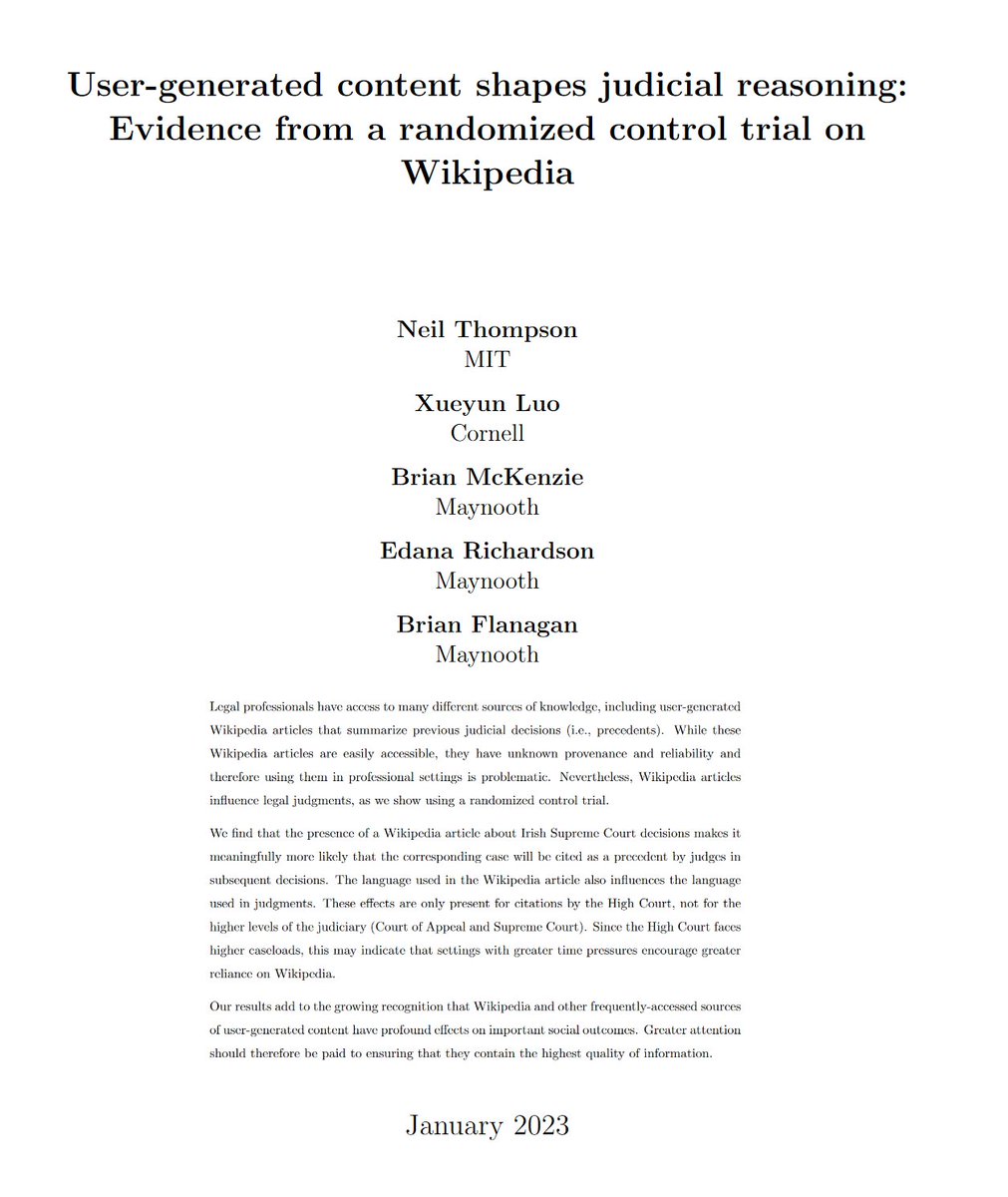 Want to shape the law? Write a Wikipedia article.

Clever paper created detailed Wikipedia articles on 77 Irish Supreme Court cases, and finds those cases are more likely to be cited by lower courts... who also echo the language of the Wikipedia articles! papers.ssrn.com/sol3/papers.cf…
