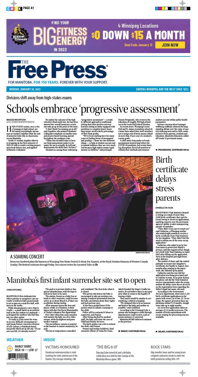 On the front page of Monday's <a href="/WinnipegNews/">Winnipeg Free Press</a> : Schools embrace ‘progressive assessment’ as divisions shift away from high-stakes exams  #wfp