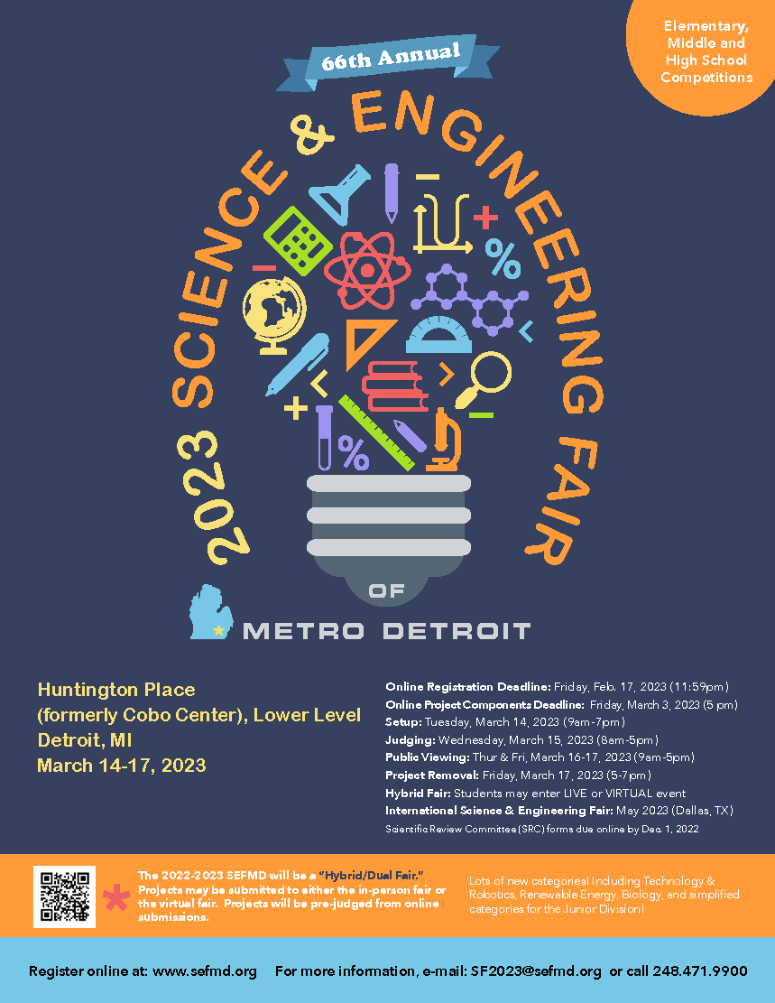 SEFMD's tweet photo. Join us March 14-17, 2023 for the Science and Engineering Fair of Metro Detroit!

Visit https://t.co/PL6944zmAf for more info https://t.co/g2euJdS26e