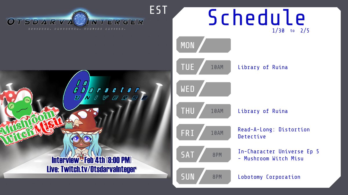 OtsdarvaInteger's tweet photo. Rotation B is now in effect (Tues/Thurs). Februrary is a special month. Operation MOON DANCER is a go with a whole lotta Project Moon stuff for the month, Limbus Company on the horizon (coming 2/27)! Also got In-Character Universe with Misu this Saturday.
#IntegerLive https://t.co/HfaYIMHo2r