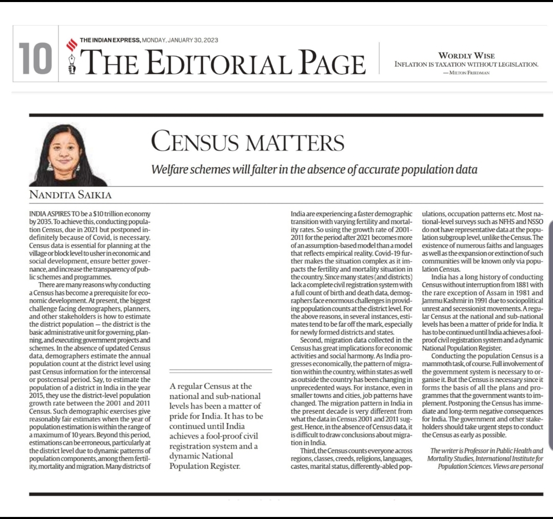My opinion piece on Census <a href="/IndianExpress/">The Indian Express</a> "The Census is necessary since it forms the basis of all the plans and programs that the government wants to implement. Postponing the Census has immediate and long-term negative consequences for India"
<a href="/PIBHomeAffairs/">PIB - Ministry of Home Affairs</a>