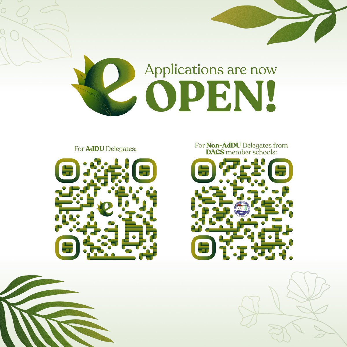 It’s your chance to step up for the environment! 🌳

Be a delegate for the ECOSUMMIT 2023 this February 3-4 at the Bapa Benny Tudtud Auditorium!

For AdDU Delegates:
tinyurl.com/Ecosummit2023A…

For Non-AdDU Delegates from DACS schools:
tinyurl.com/Ecosummit2023D…

#EcoMovement2023🌱