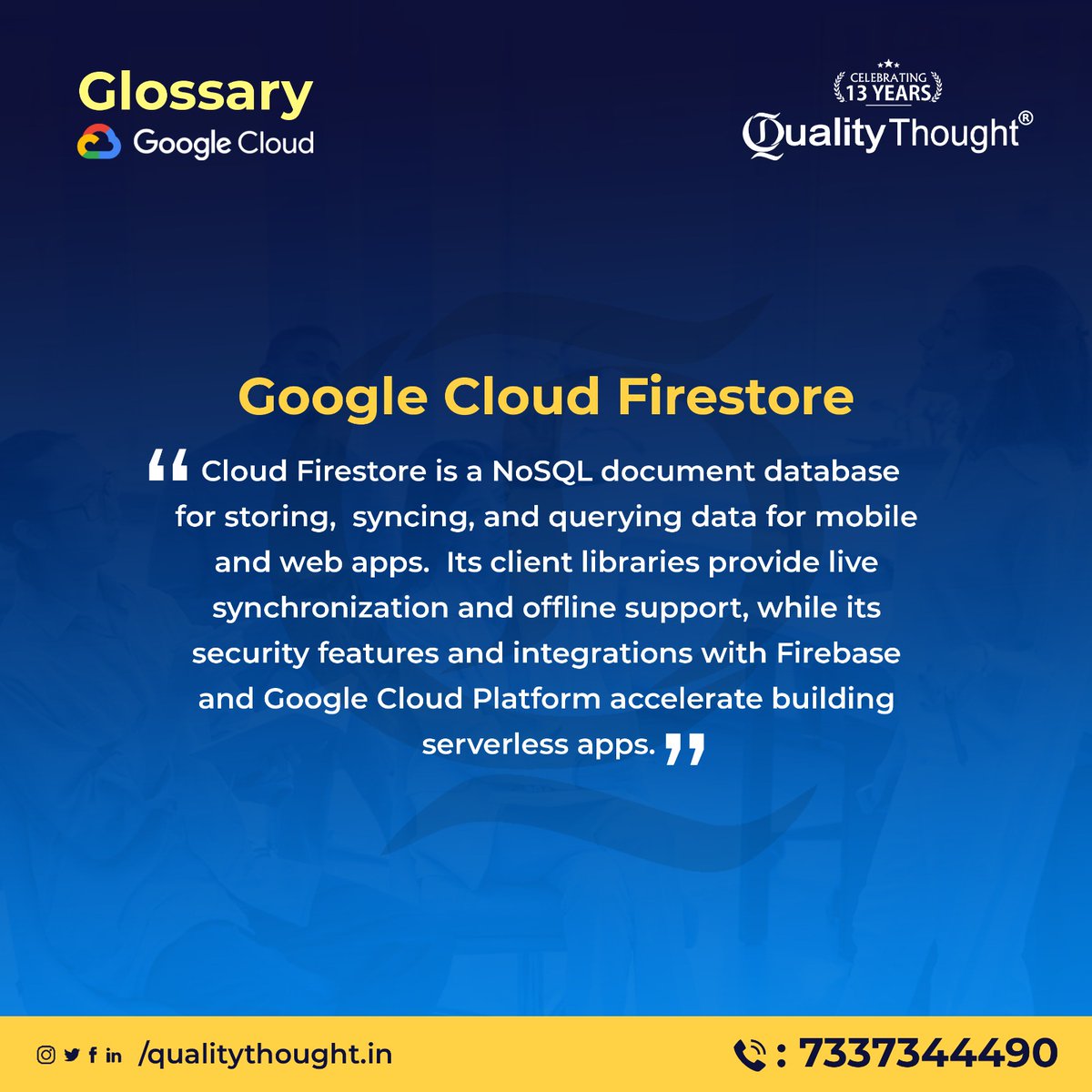 QTTWorld's tweet image. Explore Our Exclusive Instructor-Led-Live Online Training Program by Quality Thought
What is Google Cloud Firestore?
🌐Register for the Course: qualitythought.in/registernow
📲Contact: 7337344490
📩Telegram Updates: t.me/QTTWorld
#google #googleapp  #googlecloudfirestore #qtt