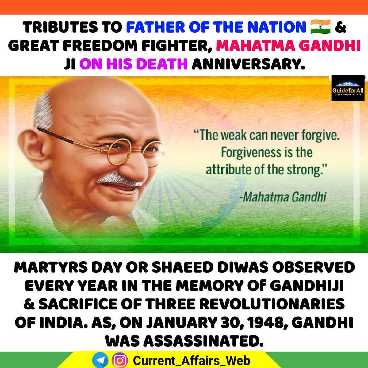 Remembering Mahatma Gandhi ji on his Death Anniversary today.

#FatherOfTheNation #Gandhiji
#MahatmaGandhi #MartyrsDay
#ShaeedDiwas  #महात्मा_गांधी #Gandhi