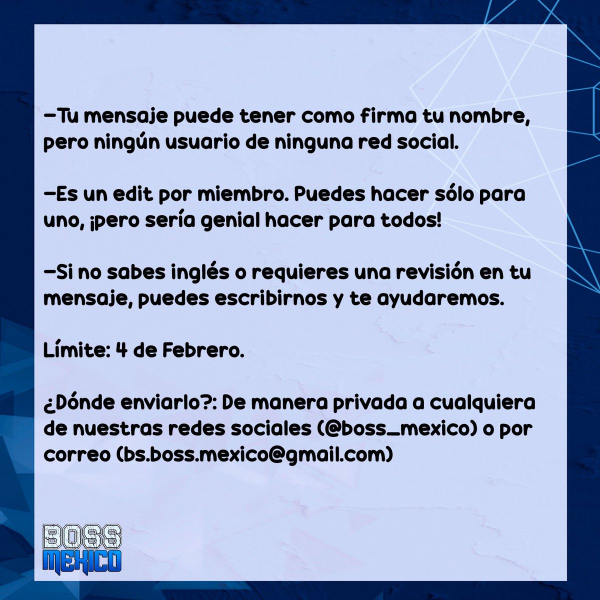 boss_mexico's tweet photo. International-BOSS:
Gracias a la ayuda de una increíble y amable C-BOSS, tenemos un nuevo proyecto en mano: 
✨¡Un libro de mensajes para BOY STORY!✨
Tu mensaje podrá ser parte de un libro/revista que será entregado a cada miembro de BOY STORY en persona. https://t.co/6oZkkrOfOl