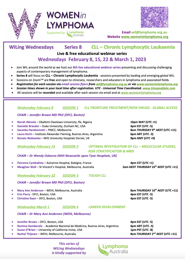 💜 Here comes #WiLingWednesdays Series 8! 
- Free educational webinars
- Series theme is CLL #CLL #lymphoma #leukemia 
- Session 1 on Wed Feb 8th 4-5pm EST
- Registration link for Session 1 👇
us06web.zoom.us/webinar/regist…
- Want more details? 👉wil@lymphoma.org.au 
<a href="/lymphomaOz/">Lymphoma Australia</a>