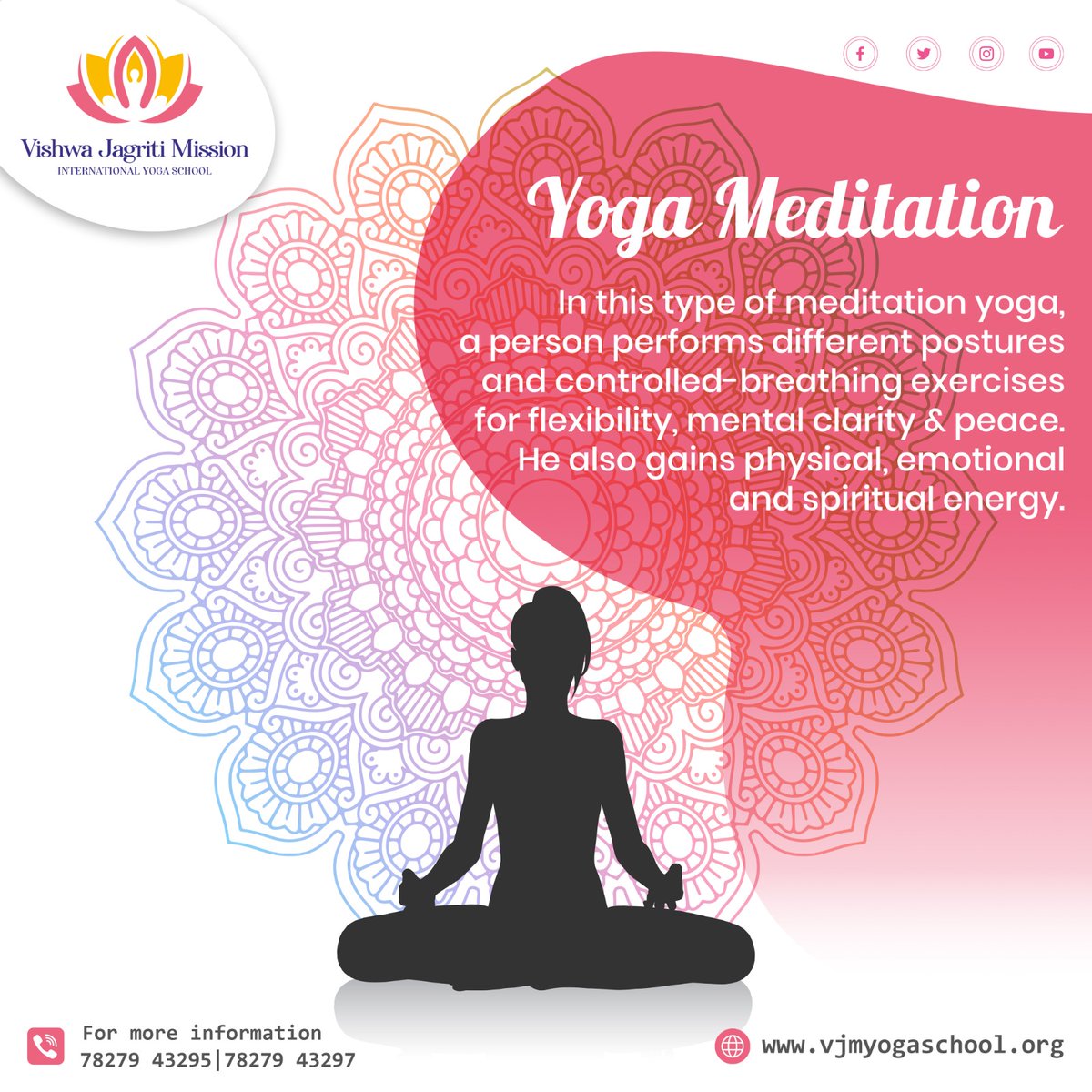 Yoga Meditation – In this type of meditation yoga, a person performs different postures and controlled-breathing exercises for flexibility, mental clarity & peace. He also gains physical, emotional and spiritual energy.
#yogameditation #flexibility #mentalclarity #spiritualenergy