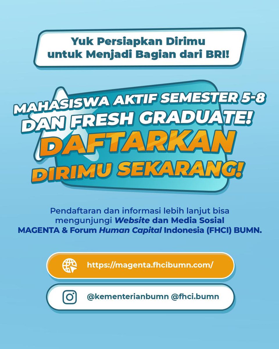 LifeatBRI's tweet photo. Periode Pendaftaran: 25-31 Januari 2023
Periode Magang 6 Bulan: 13 Februari-12 Agustus 2023
Daftarkan dirimu dengan kunjungi https://t.co/TcrwHT8oW7
Ditunggu, Generasi BRILiaN!
#LifeatBRI
#MemberiMaknaIndonesia
#KampusMerdeka
#MagangBRI
#Magang
#Internship
#Mahasiswa https://t.co/zjFK0ZU8QV