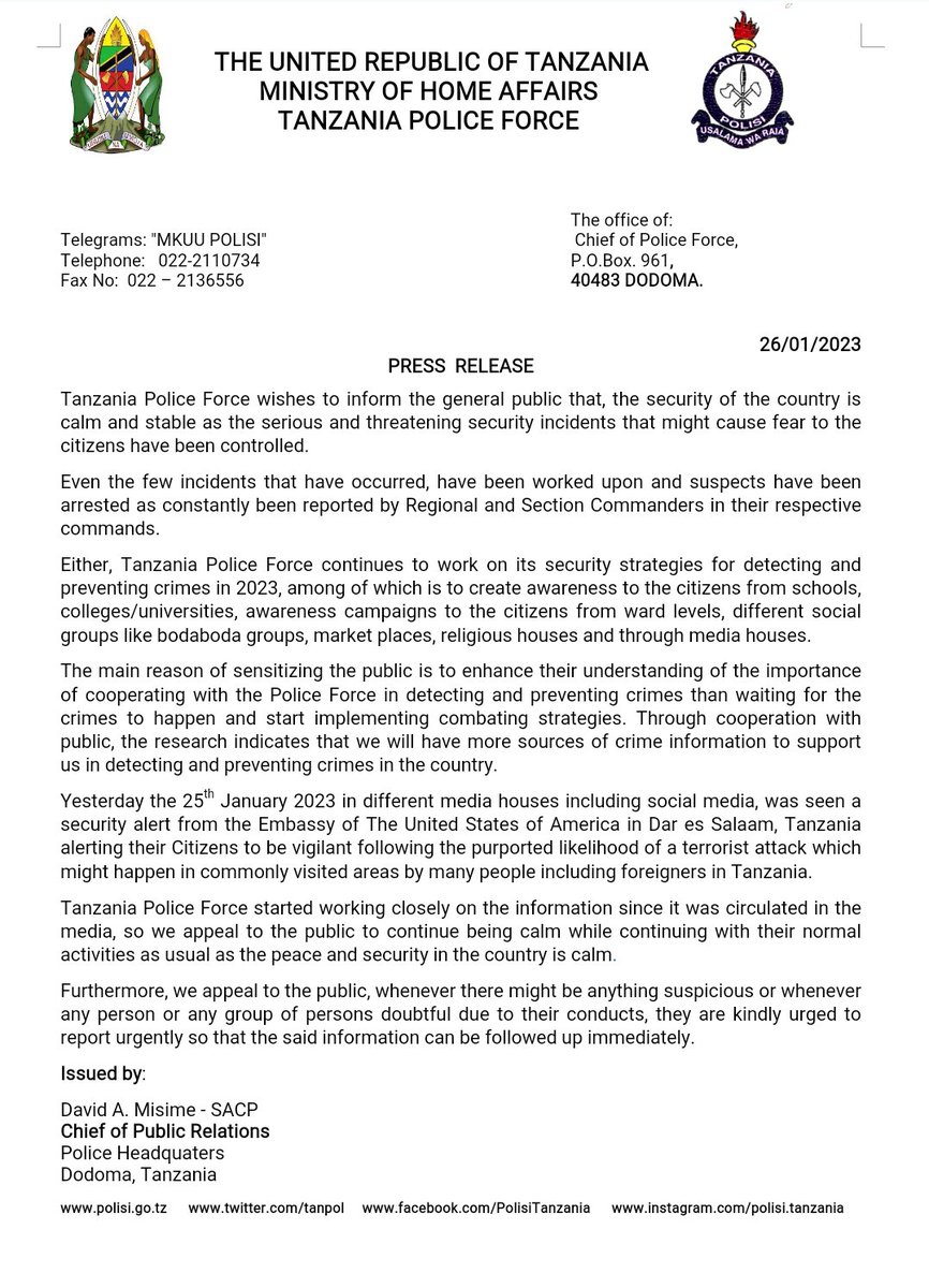 Taarifa kwa vyombo vya habari

#NidhamuHakiWeledinaUadilifuMsingiwaMafanikioYetu