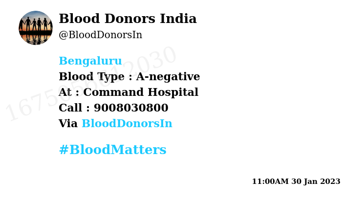 #Bengaluru
Need #Blood Type :  A-negative
Blood Component : Blood
Number of Units : 2
Primary Number : 9008030800
Via: <a href="/BloodDonorsIn/">Blood Donors India</a>
#BloodMatters