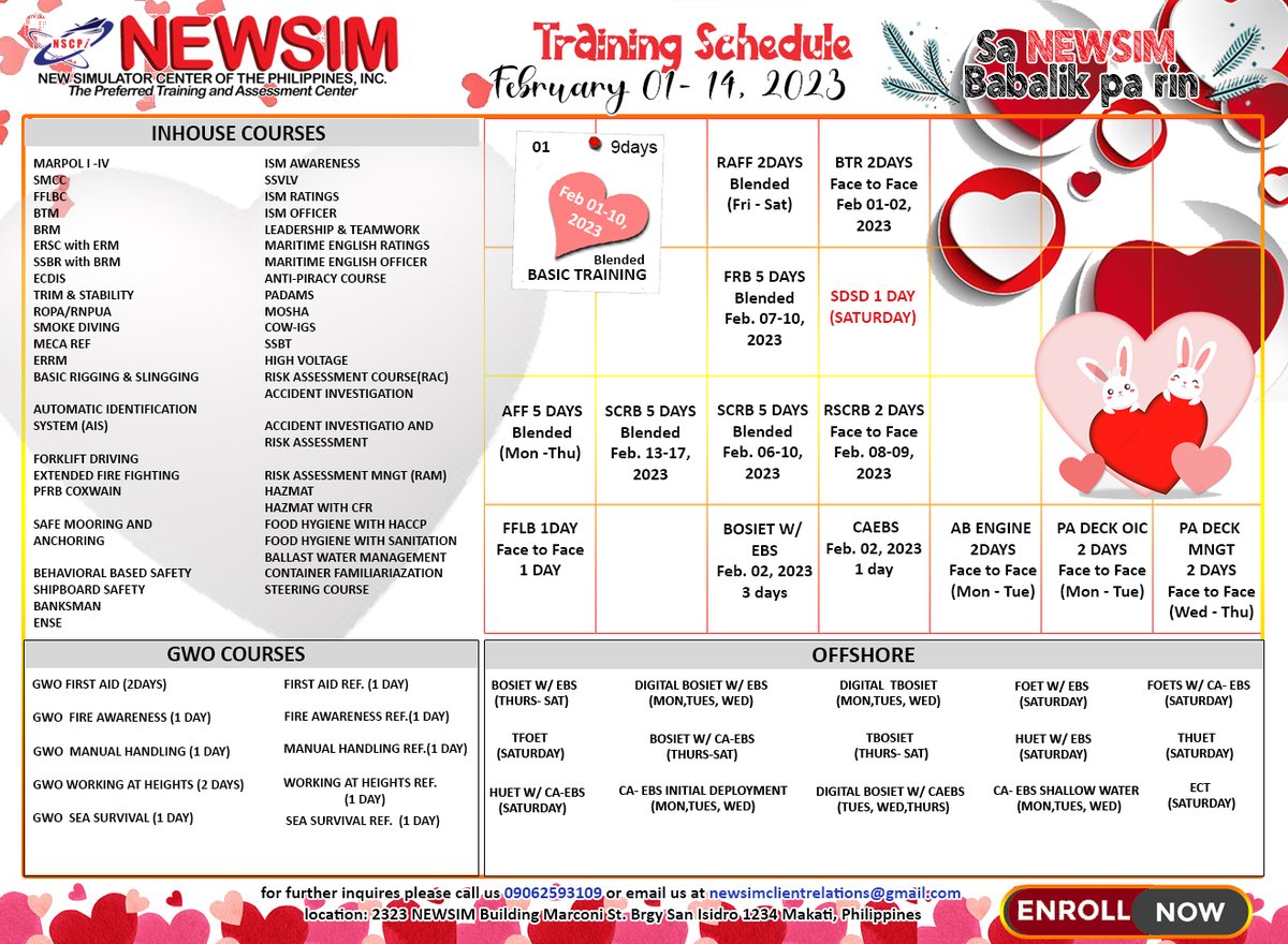 NEWSIMph's tweet photo. Training Schedule Feb 01-14,2023
You may contact us at 09084404323/09493535123
Message our FB page https://t.co/fLd7lBF09u

#OPITO #GWO #MARINA #sdsd #bosiet
#Seafarer #maritime #offshorecourses #maritime #SEAMAN #onlinetraining #maritimeindustry #flexibilitytraining #BT #scrb https://t.co/i45h2XWAkH