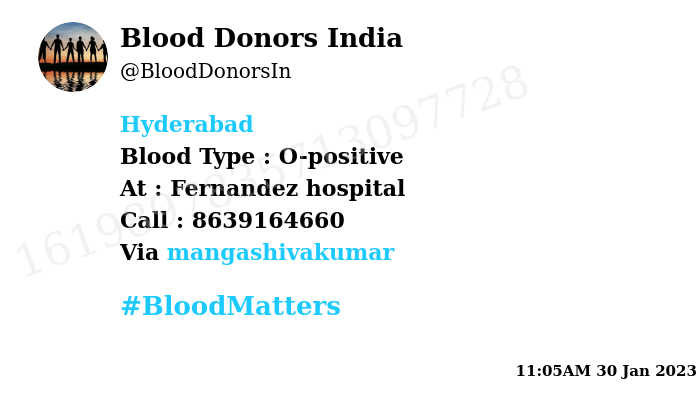 #Hyderabad
Need #Blood Type :  O-positive
Blood Component : Blood
Number of Units : 2
Primary Number : 8639164660
Patient : Sarika
Illness : Delivery
Via: <a href="/mangashivakumar/">Shiva Kumar</a>
#BloodMatters