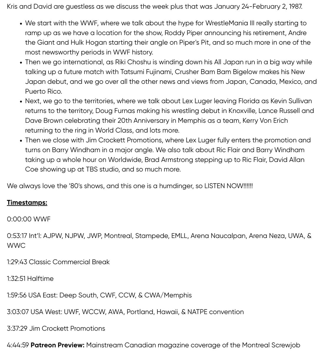 BTSheetsPod's tweet image. New @BTSheetsPod covering 1987! WrestleMania III build heats up w/ Silverdome announcement &amp;amp; 2nd Hogan/Andre Piper's Pit, CRUSHER BAM BAM BIGELOW'S NJPW debut, Lex Luger finishes up in Florida/turns on Barry Windham in JCP, Kerry's one-off return, &amp;amp; more. redcircle.com/shows/between-…