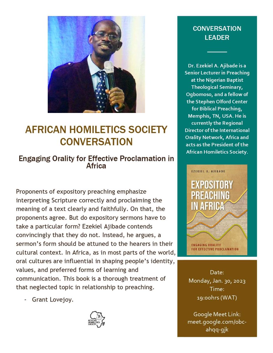 IT'S TODAY! 
African Homiletics Society Conversation
Monday, 30 Jan  •  19:00 – 20:30 (WAT)
Google Meet joining info
Video call link: meet.google.com/obc-ahqq-gjk
