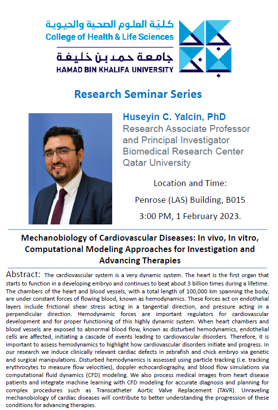 QU_BRC's tweet photo. Presented by Dr. Huseyin Yalcin, Research Associate Professor in the Biomedical Research Center

Date: Wednesday, 1 February 2023 
Time: 3:00 pm - 4:00 pm 
Place: Education City - Penrose (LAS) Building - B015
See you there! https://t.co/JVm8gSeQcK