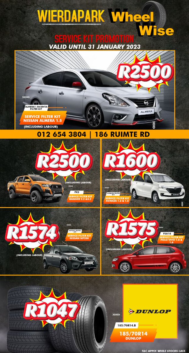 wheelwisewp's tweet image. Don't forget about our Service Kit Promotion  at Wheel Wise Wierdapark! 
Visit us for the best prices on services &amp;amp; more! 
ONLY Valid until 31 January 2023!
T's &amp;amp; C's Apply. While Stocks Last.  
#servicekit #fordranger #avanza #Nissan #polovivo #TyreSales #Services #MinorServices