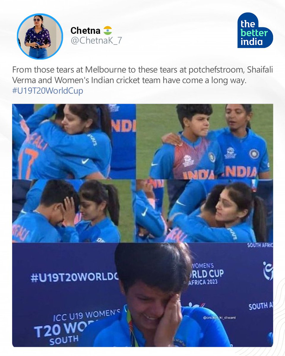 thebetterindia's tweet image. &quot;My team is incredible; It&apos;s all teamwork.&quot;
-- Capt. Shafali Verma
@TheShafaliVerma @BCCIWomen

#INDvENG #U19T20WorldCup #WomenInSports #Cricket #WomenInBlue #ShafaliVerma #IndianCricketTeam #u19WomensT20WorldCup