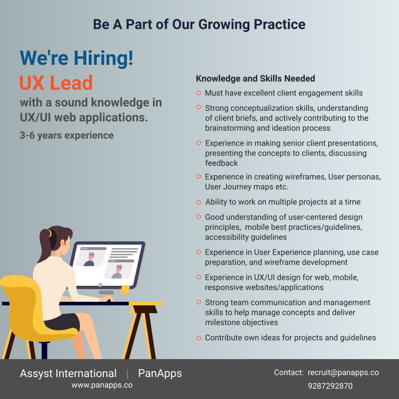 AssystIndia's tweet photo. For more details visit: https://t.co/OFYMZ8f7HI
Interested candidates can send resume to recruit@panapps.co
#ux #uxdesign #userexperience #uidesigner   #websitedesign #userinterfacedesign #mobiledesign  #multitasking #multitaskingpro #teammanagement #client_engagement #ideation https://t.co/44343KyIYB