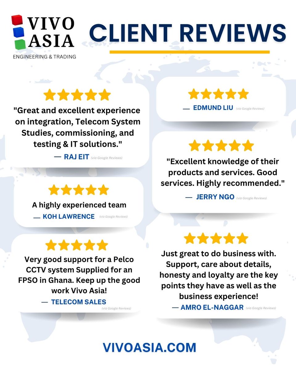 vivoasiaenergy's tweet image. We are rated ⭐️⭐️⭐️⭐️⭐️ on our professional service and expertise!

Our core policy, Customer Focus, ensures that we can provide the best possible solutions and remain agile and attentive across all customer touch points.

#vivoasia #engineering  #telecomsystems #CustomerService